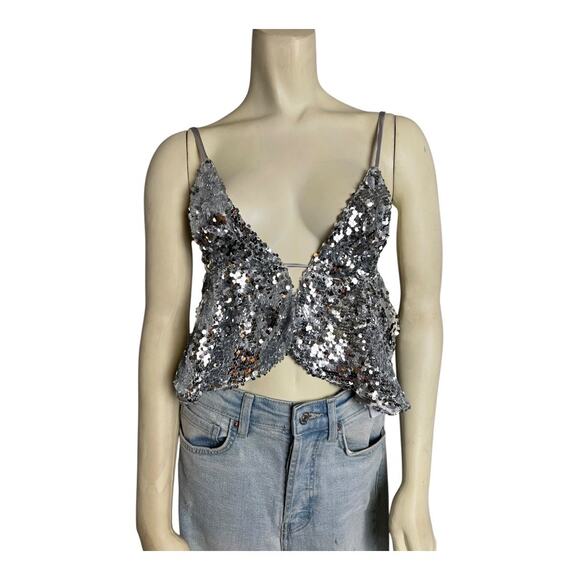 Princess Polly Rosaton Top Silver Sequin 6 NWT Festival Top Shirt Blouse Concert - Picture 1 of 11